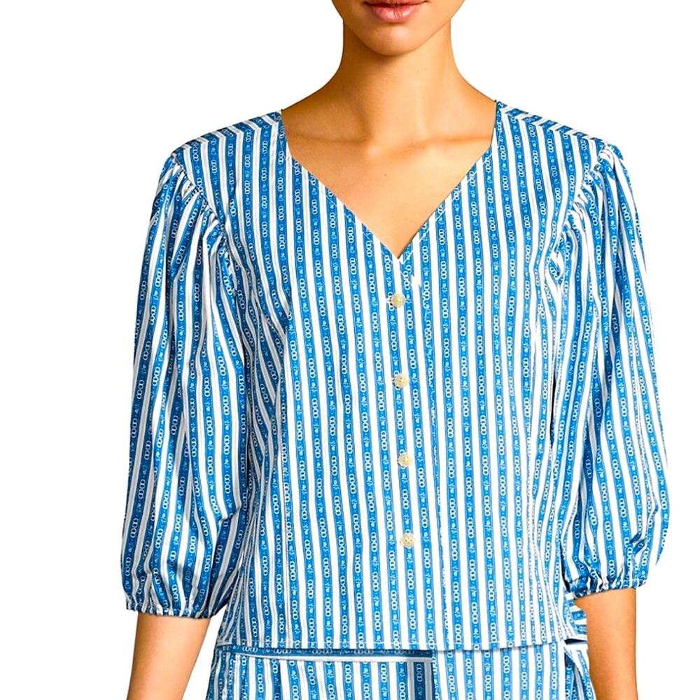 Tory Burch Gemini Link Stripe Puffed Sleeve Top